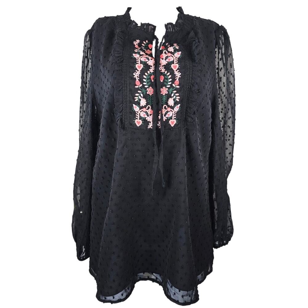 City Chic Black Swiss Dot Embroidered Floral Bohemian Women's Blouse XL 14
